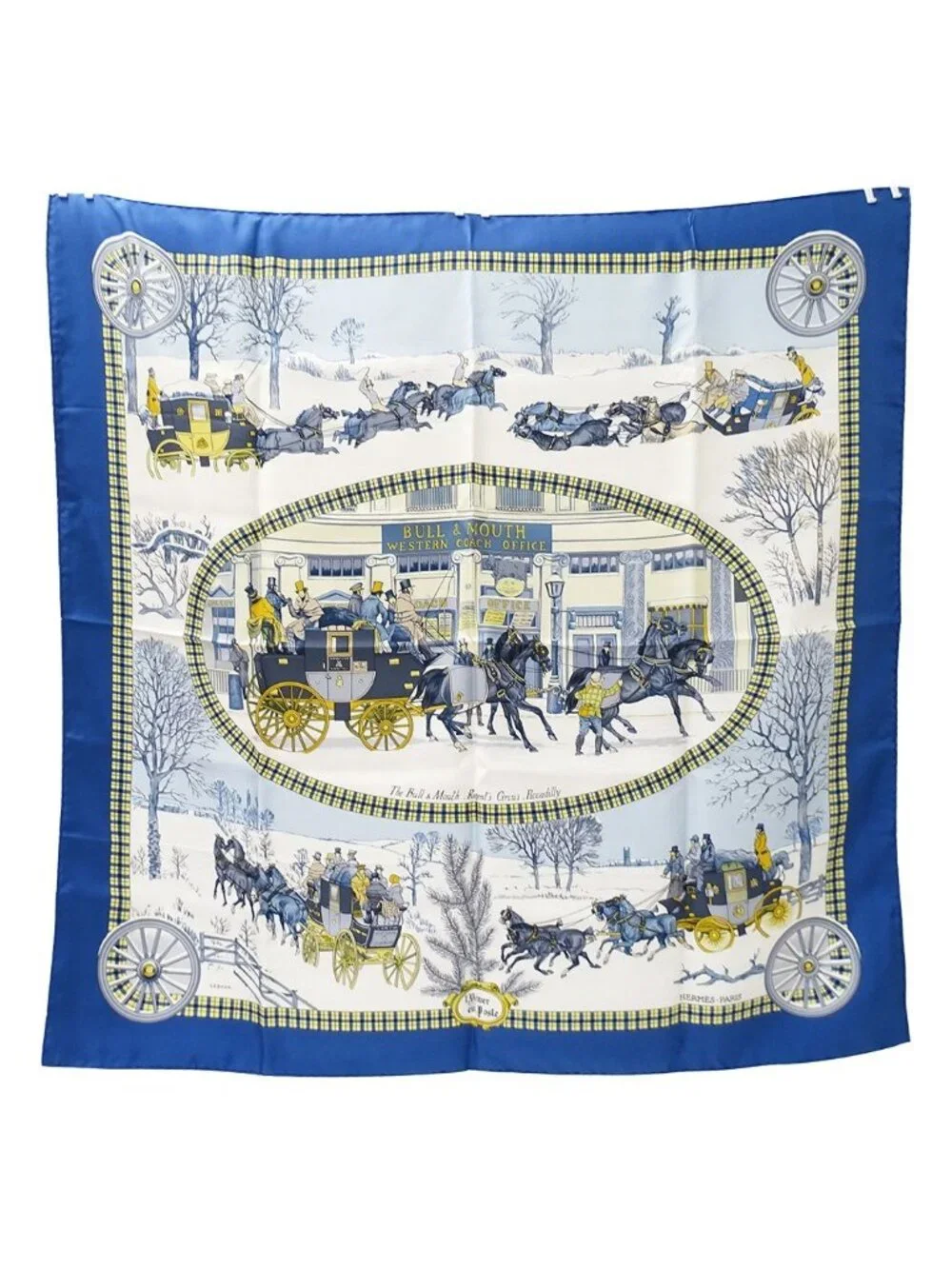 Hermes Scarf Carre 90 L'hiver en Poste Winter Mail Silk Blue